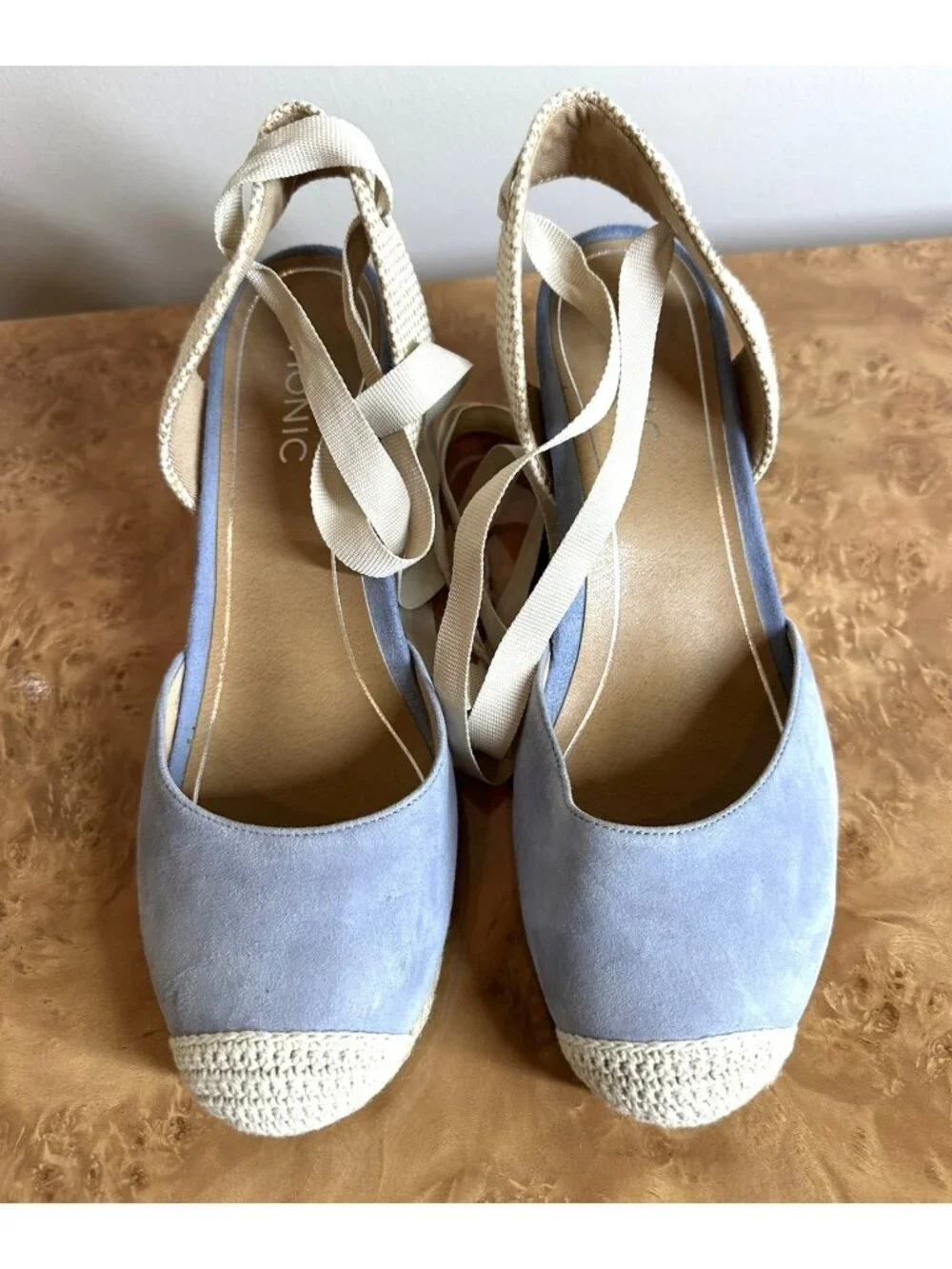 Vionic Aruba Maris Blue Suede Espadrille Wedge Sandals Lace-Up Ankle Tie Size 10